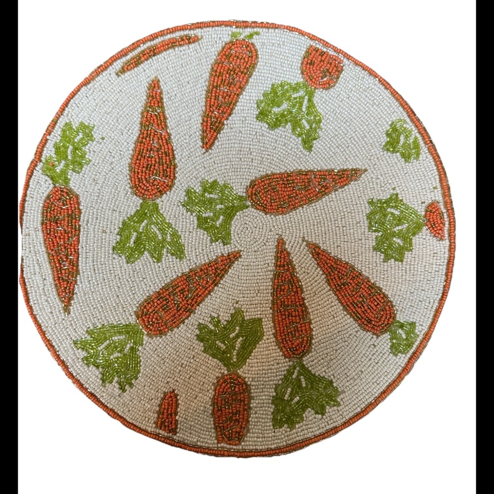 Rachel Zoe Beaded Easter HOLIDAY Charger Placemat 15” Round Cream Carrots NWT